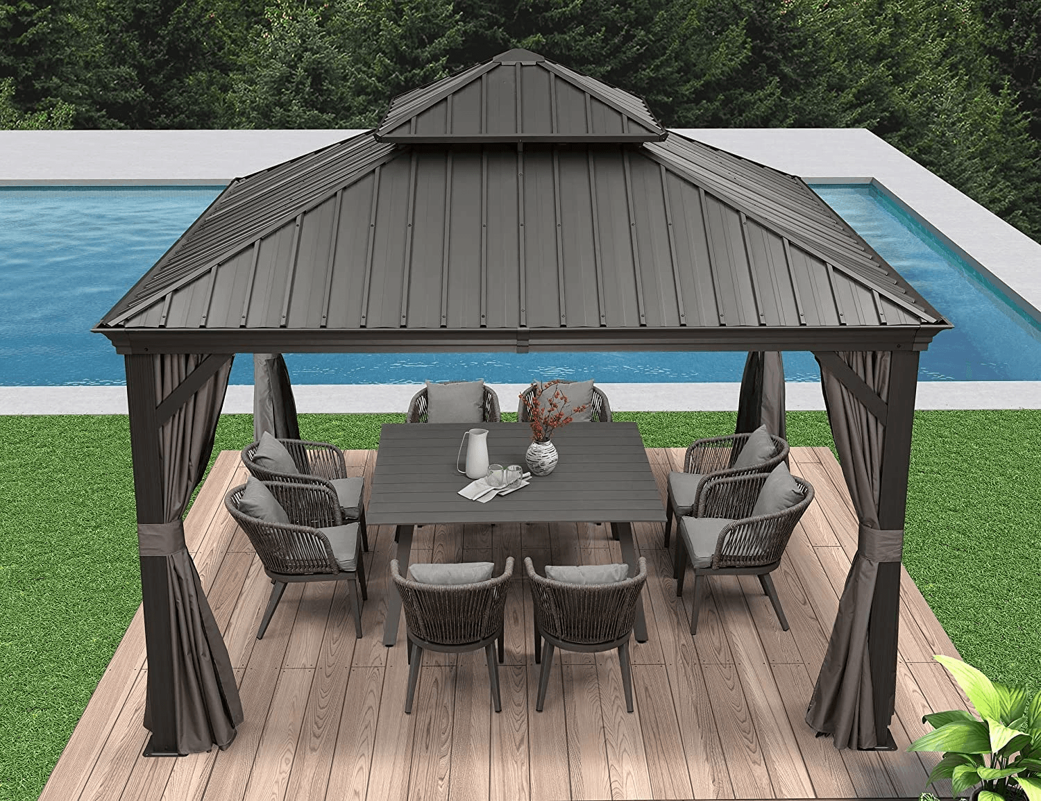 PURPLE LEAF Tonnelle de Jardin Tonnelle Aluminum avec Moustiquaire et Rideaux Pavillon de Jardin à Double Toit Acier Galvanisé, Gris - Purpleaf France