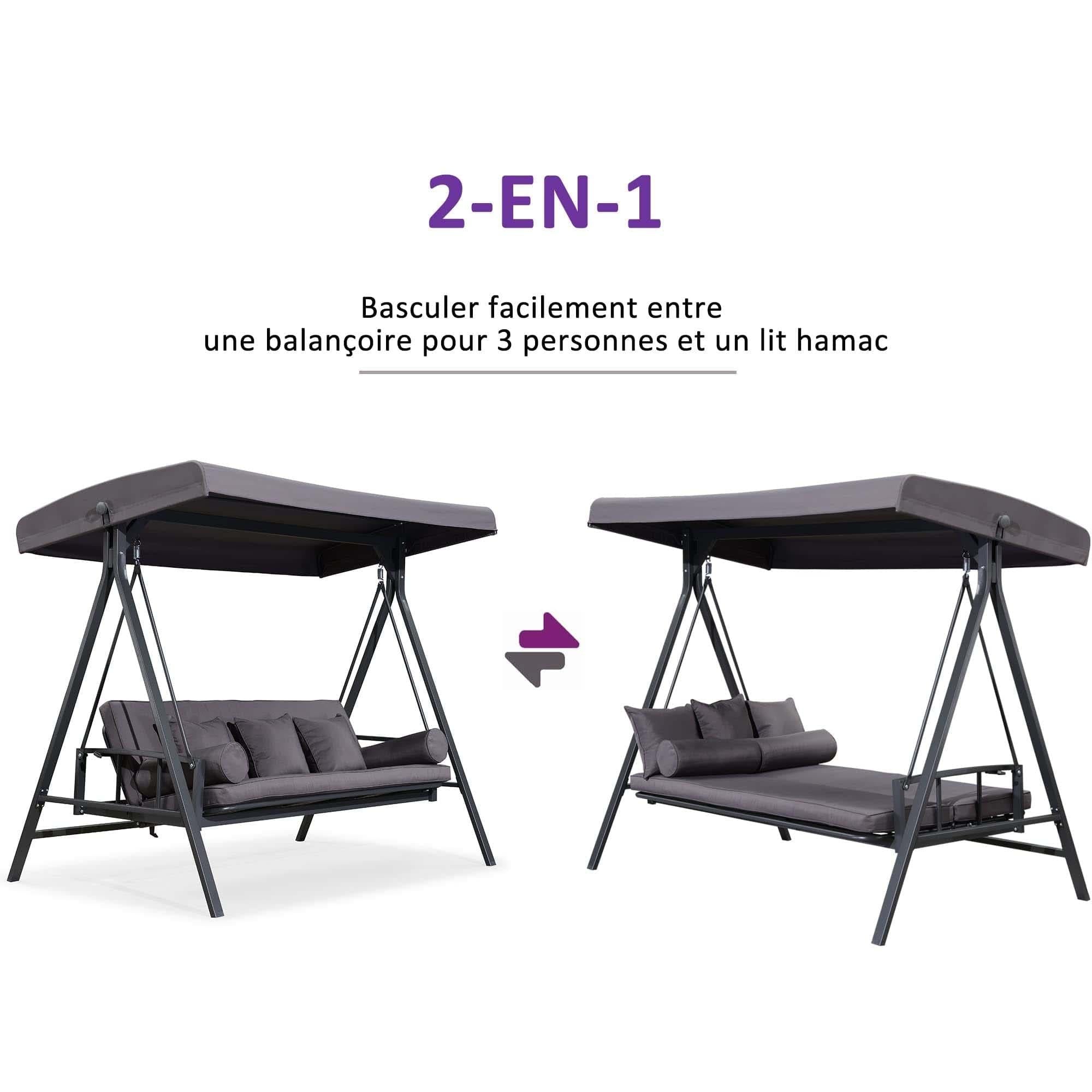 PURPLE LEAF Balancelle Lit De Jardin 3 Places Exterieur Convertible en Acier Balançoire Toit Inclinaison Réglable Balancelle Hollywood, Kaki - Purpleaf France