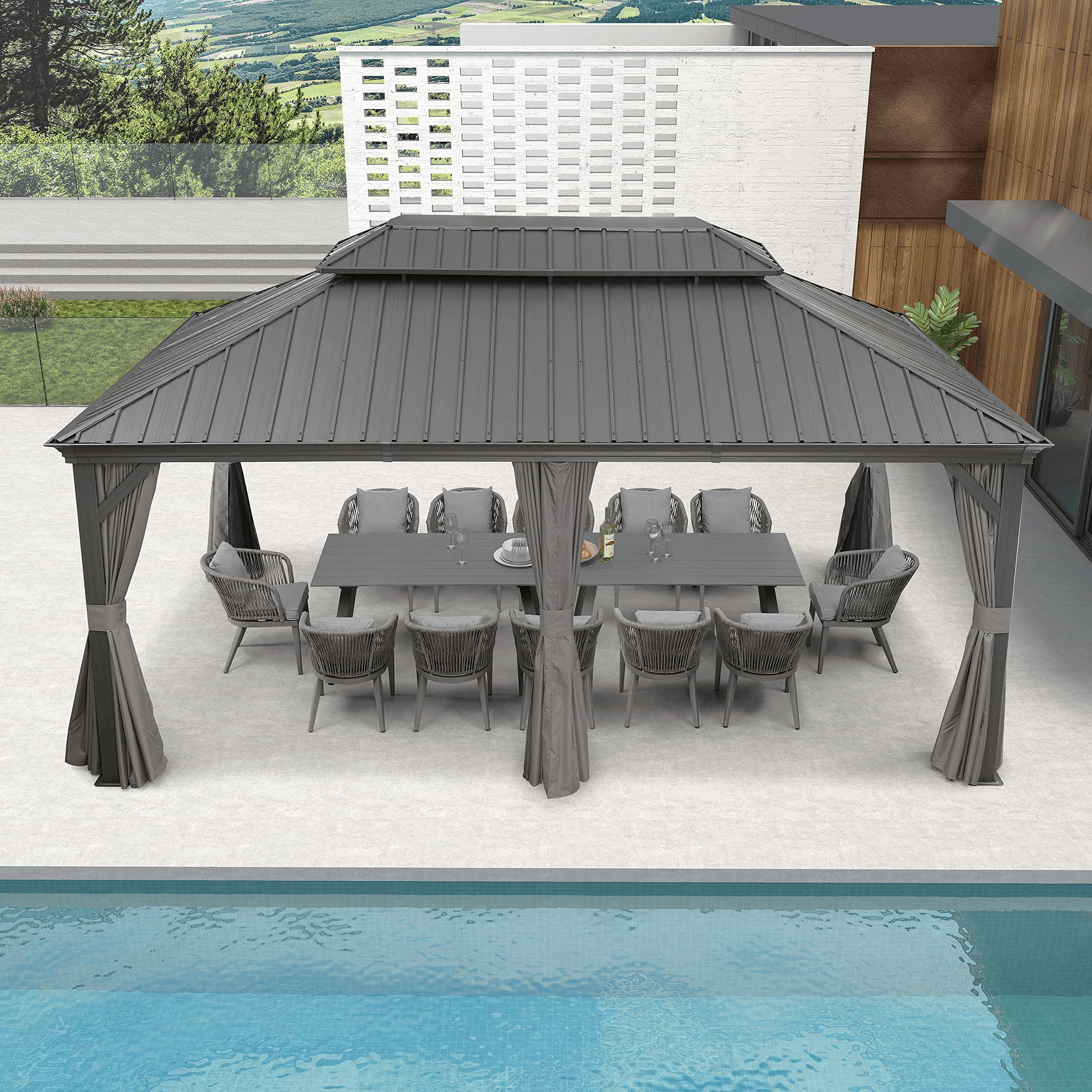 PURPLE LEAF Tonnelle de Jardin Tonnelle Aluminum avec Moustiquaire et Rideaux Pavillon de Jardin à Double Toit Acier Galvanisé, Gris - Purpleaf France