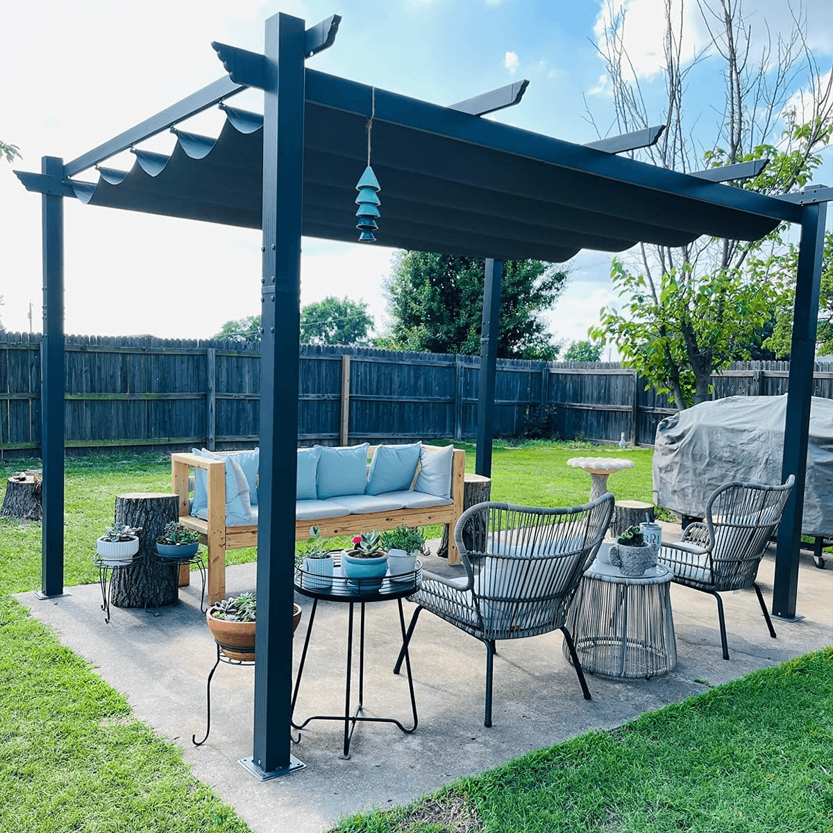 PURPLE LEAF Pergola Aluminium 3x3.65 m Tissu Teint en Fil Pergola pour Terrasse Exterieur, Toit Coulissante, Pavillon De Jardin - Purpleaf France