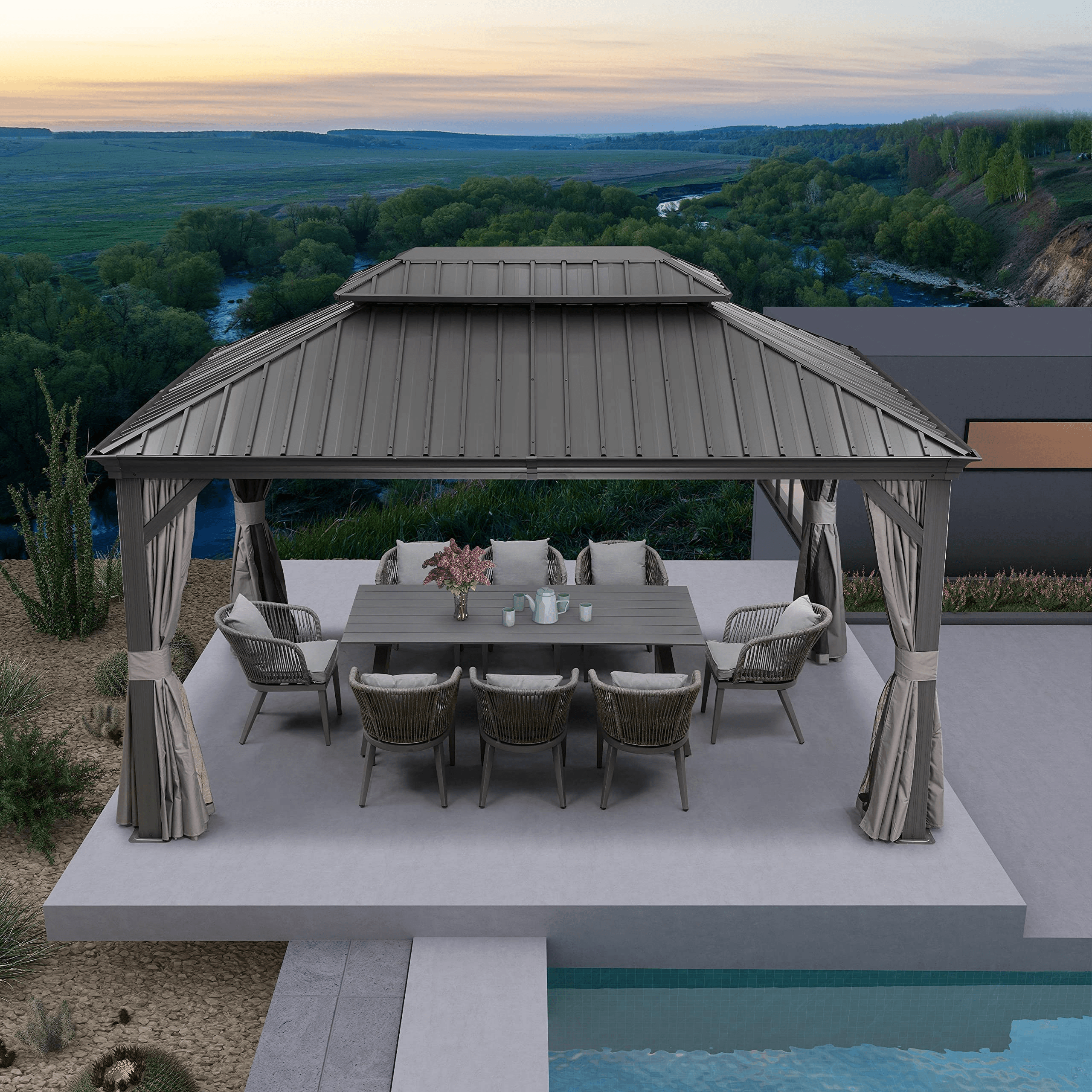 PURPLE LEAF Tonnelle de Jardin Tonnelle Aluminum avec Moustiquaire et Rideaux Pavillon de Jardin à Double Toit Acier Galvanisé, Gris - Purpleaf France