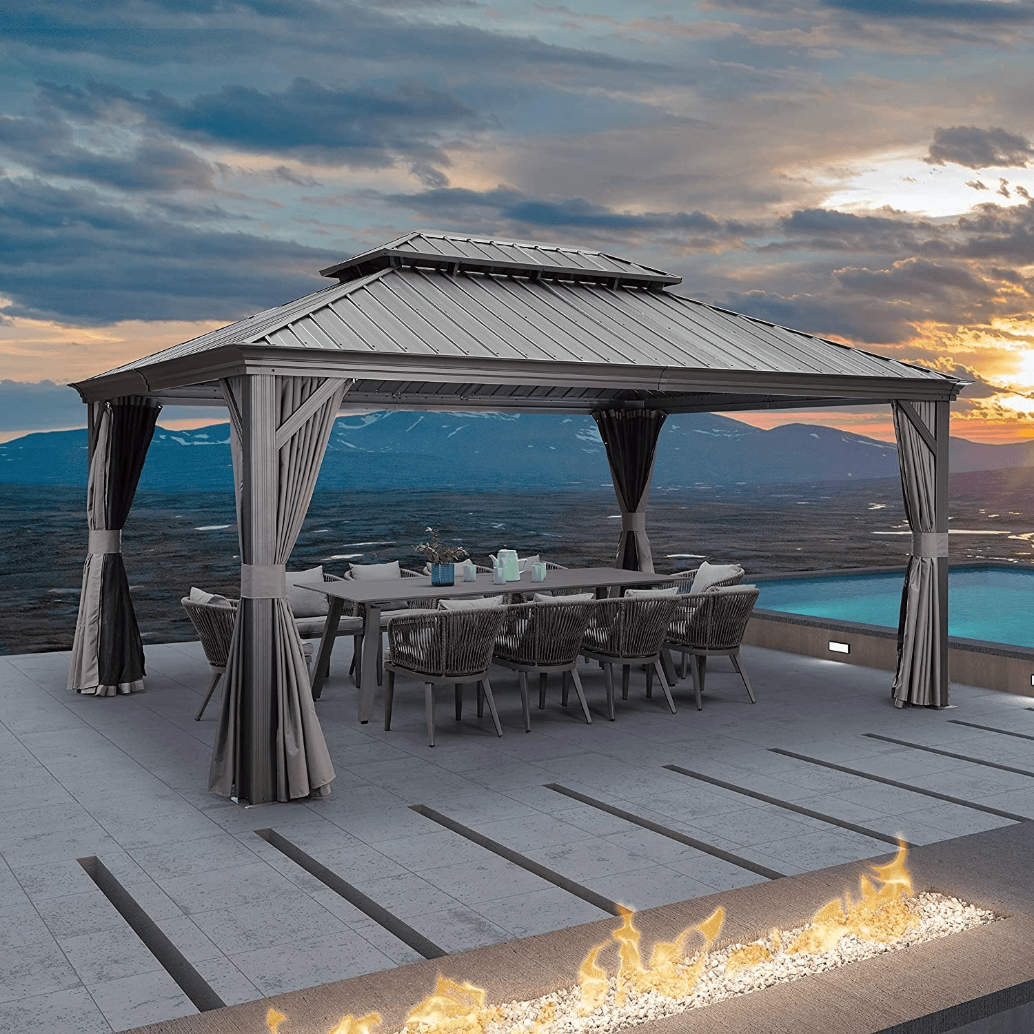 PURPLE LEAF Tonnelle de Jardin Tonnelle Aluminum avec Moustiquaire et Rideaux Pavillon de Jardin à Double Toit Acier Galvanisé, Gris - Purpleaf France