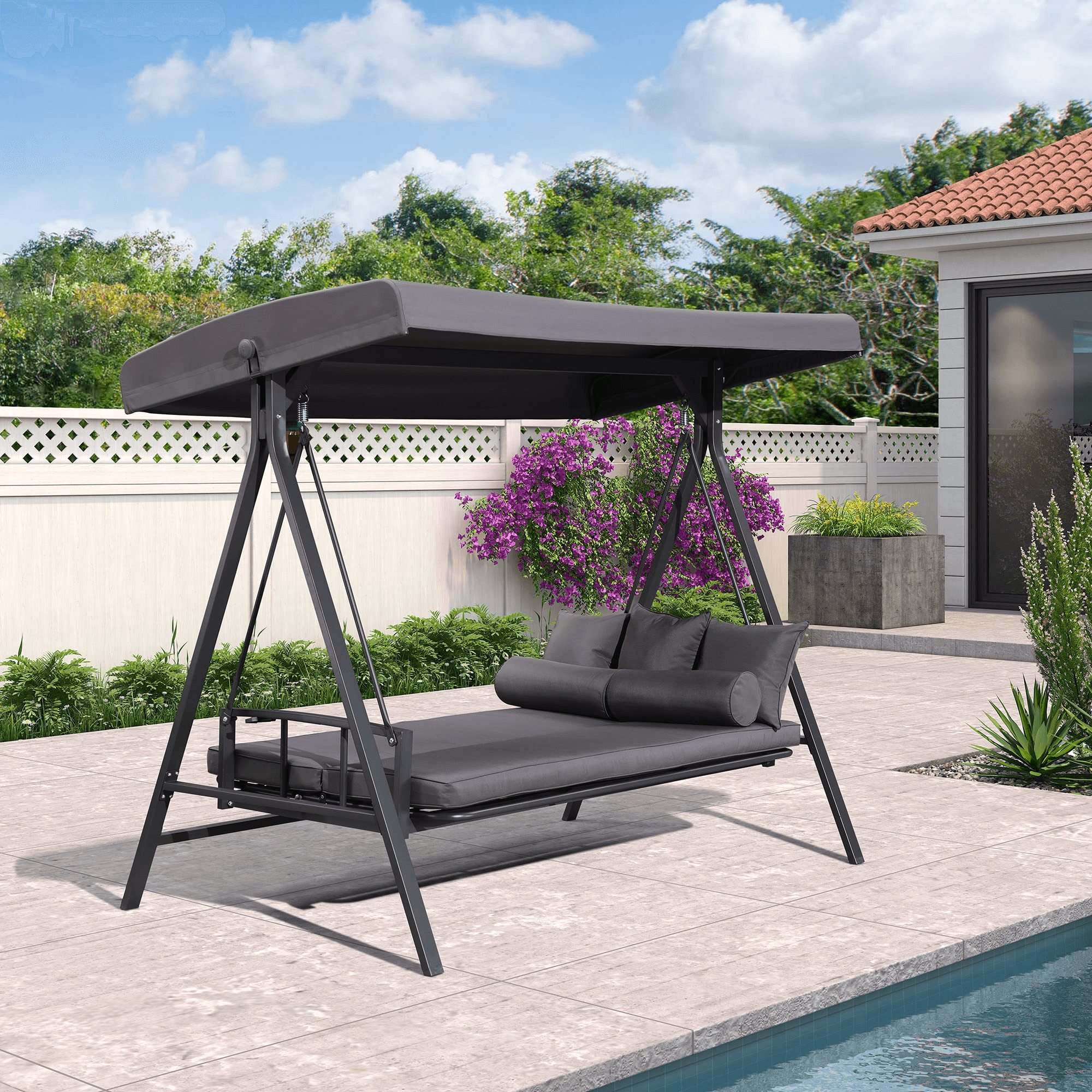 PURPLE LEAF Balancelle Lit De Jardin 3 Places Exterieur Convertible en Acier Balançoire Toit Inclinaison Réglable Balancelle Hollywood, Kaki - Purpleaf France