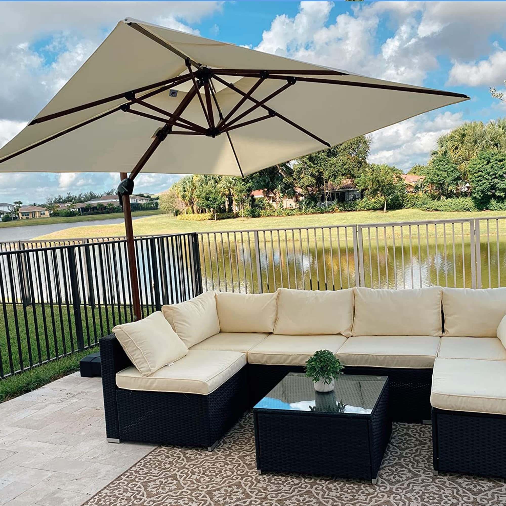 PURPLE LEAF Parasol Déporté inclinable, Grain de Bois en Aluminium Parasol De Jardin Exterieur Toit à Double Rotatif 360°,Parasol Terrasse Exterieur - Purpleaf France