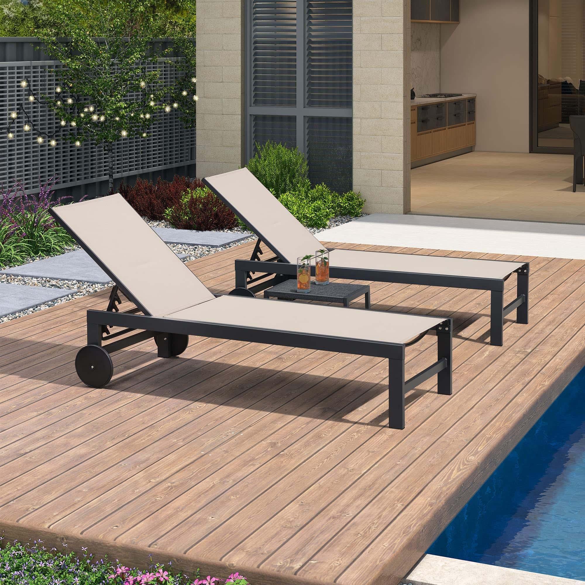 PURPLE LEAF Bain De Soleil Lot De 2 avec Table Textilène, Transat Jardin Exterieur Piscine Aluminium, Transat Piscine Anti UV, Charge Maximal 150 kg, Chaise Longue Pliable 2 roulettes, Beige - Purpleaf France