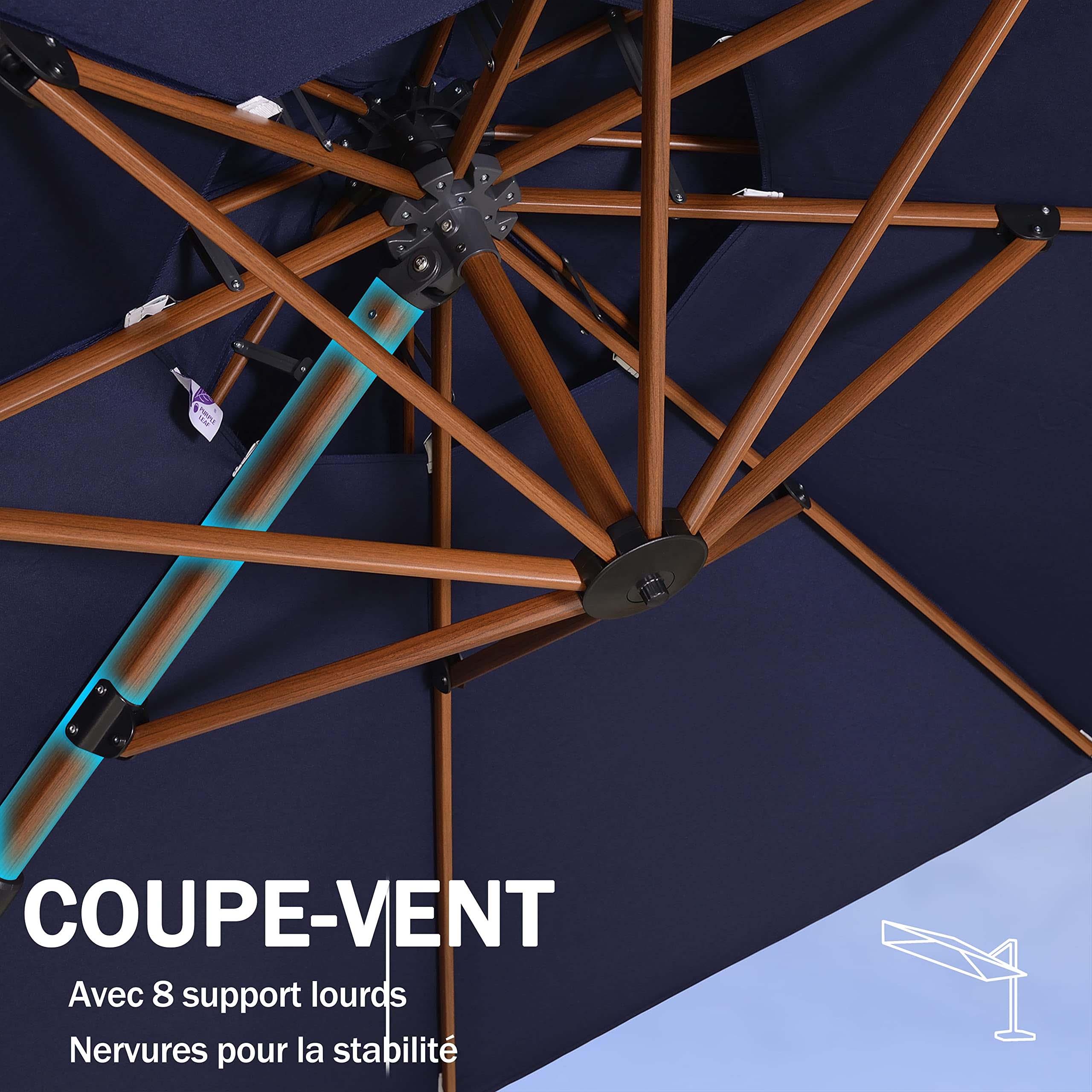 PURPLE LEAF Parasol Déporté inclinable, Grain de Bois en Aluminium Parasol De Jardin Exterieur Toit à Double Rotatif 360°,Parasol Terrasse Exterieur - Purpleaf France