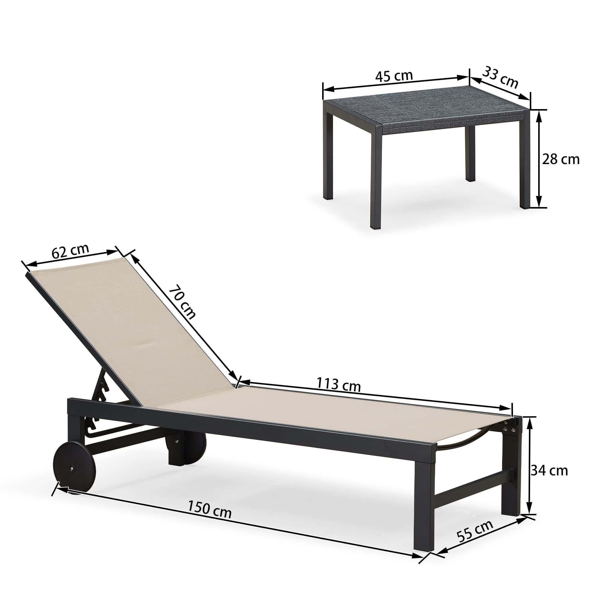 PURPLE LEAF Bain De Soleil Lot De 2 avec Table Textilène, Transat Jardin Exterieur Piscine Aluminium, Transat Piscine Anti UV, Charge Maximal 150 kg, Chaise Longue Pliable 2 roulettes, Beige - Purpleaf France