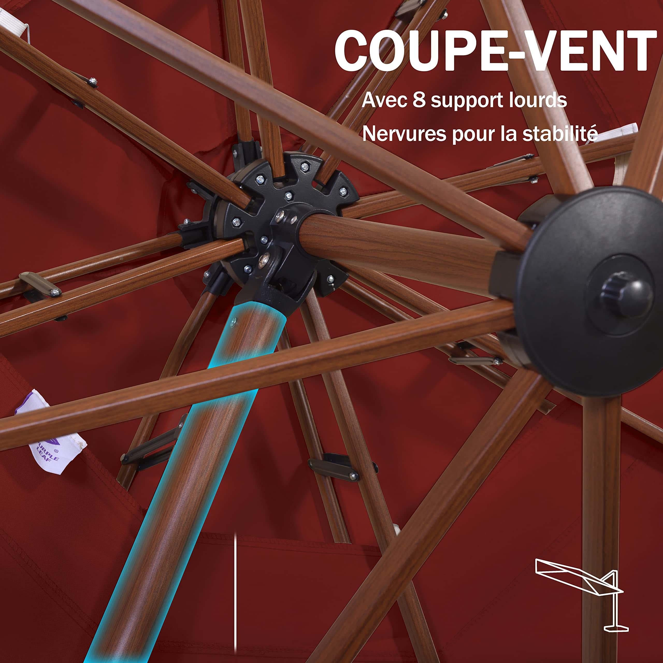 PURPLE LEAF Parasol Déporté inclinable, Grain de Bois en Aluminium Parasol De Jardin Exterieur Toit à Double Rotatif 360°,Parasol Terrasse Exterieur - Purpleaf France