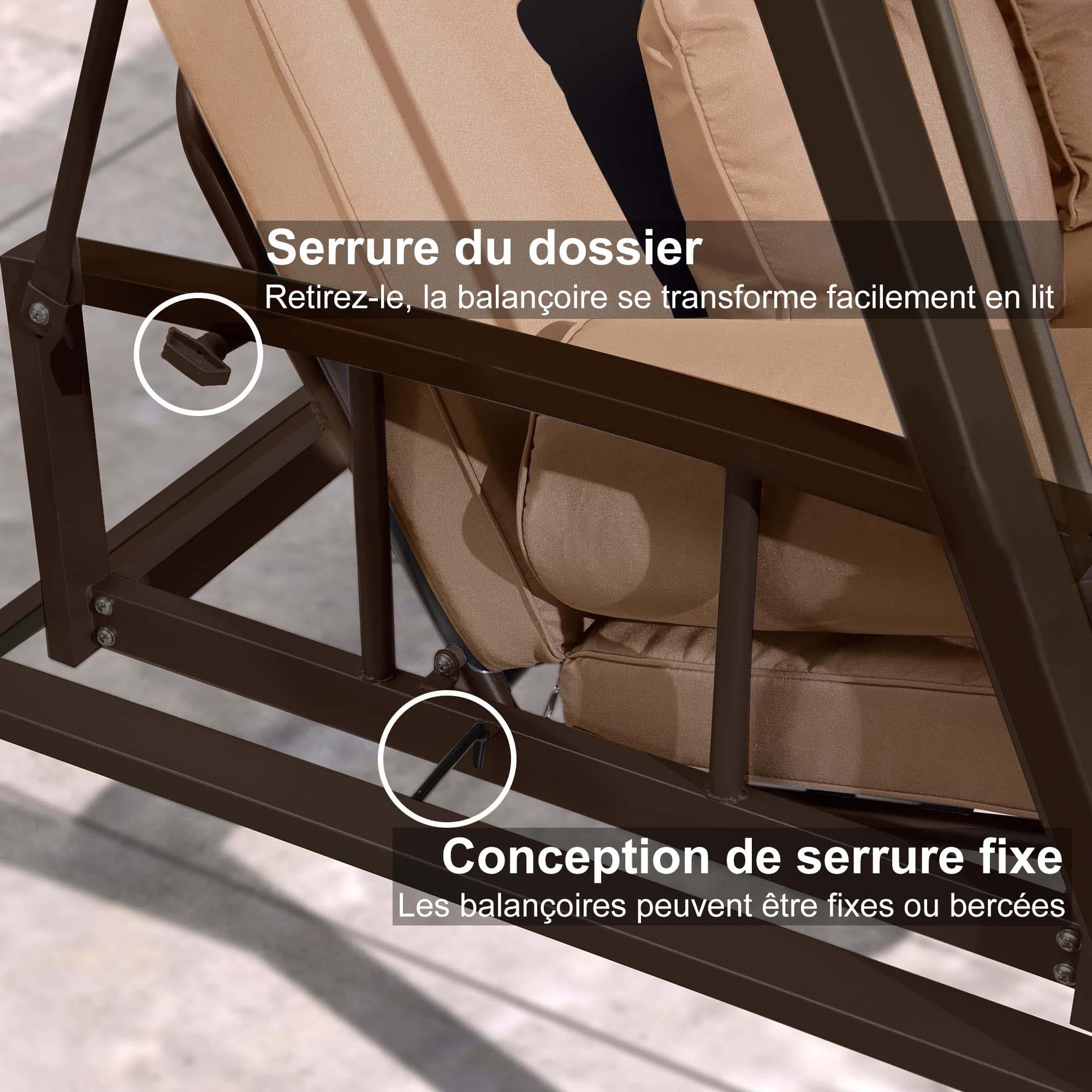 PURPLE LEAF Balancelle Lit De Jardin 3 Places Exterieur Convertible en Acier Balançoire Toit Inclinaison Réglable Balancelle Hollywood, Kaki - Purpleaf France