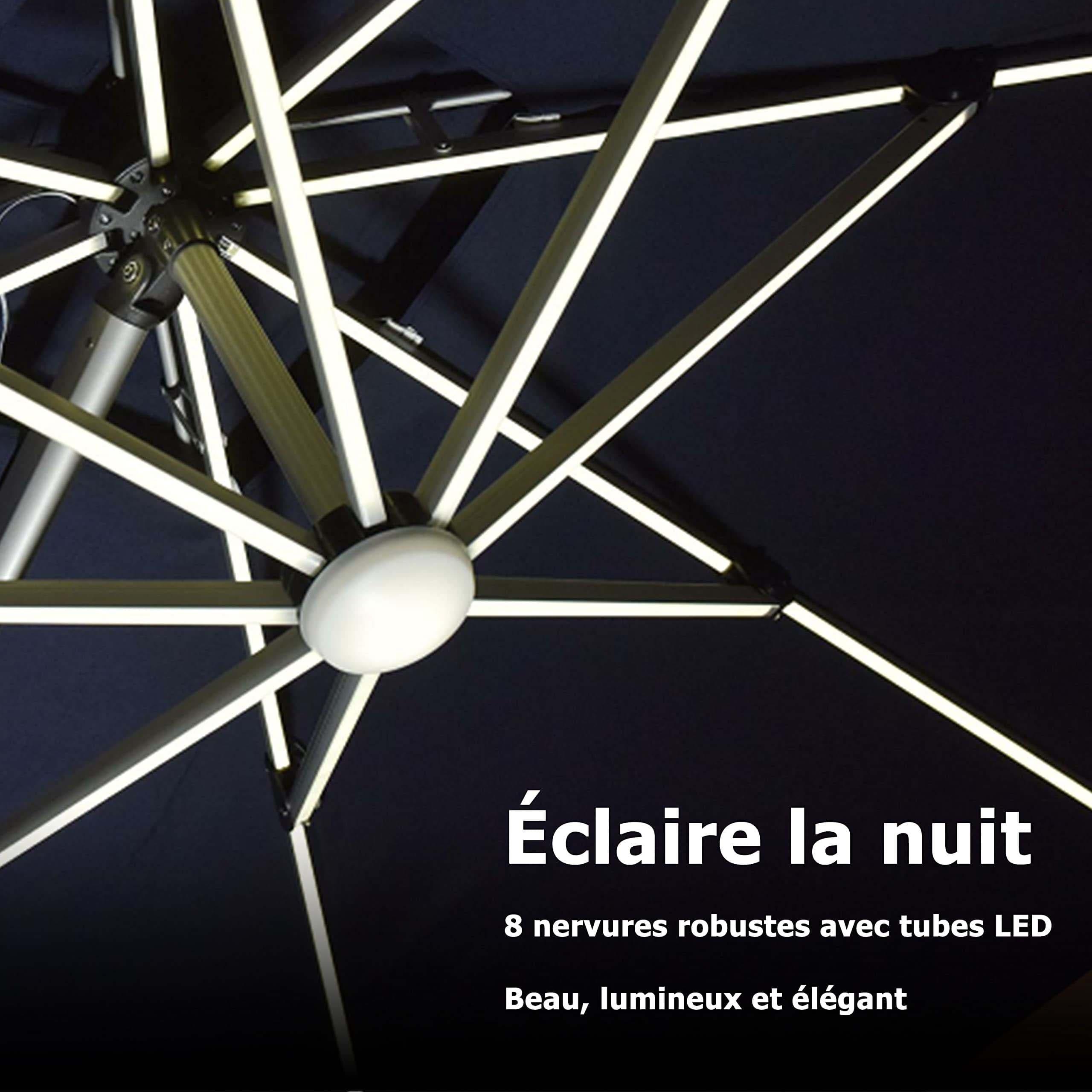 PURPLE LEAF Parasol De Jardin Exterieur 2.7 x2.7 m avec LED, Parasol Déporté Toit à Double Rotatif 360°, Parasol Excentré Inclinable, Parasol Terrasse Exterieur, Marine - Purpleaf France