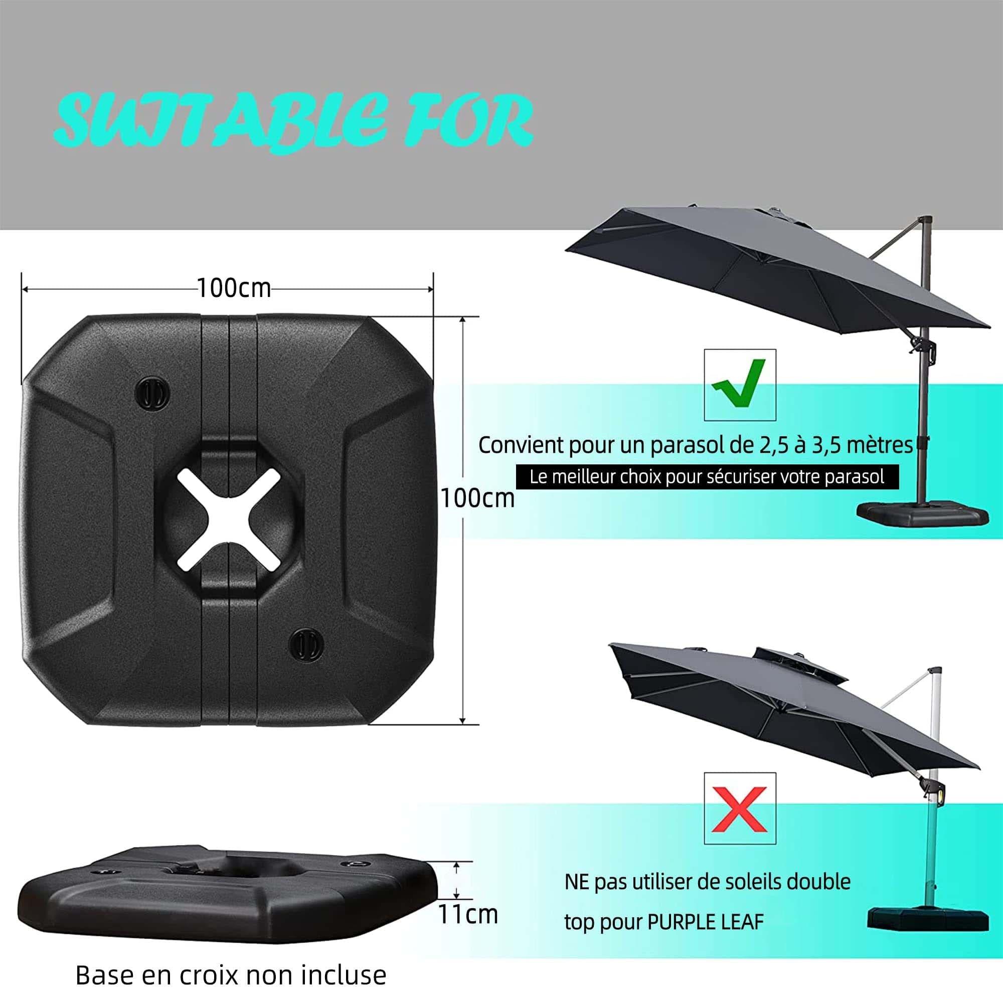 PURPLE LEAF Pieds de Parasol pour Parasol déporté, Base lestée, A remplir d'eau ou de Sable jusqu'à 150 kg, Noir - Purpleaf France