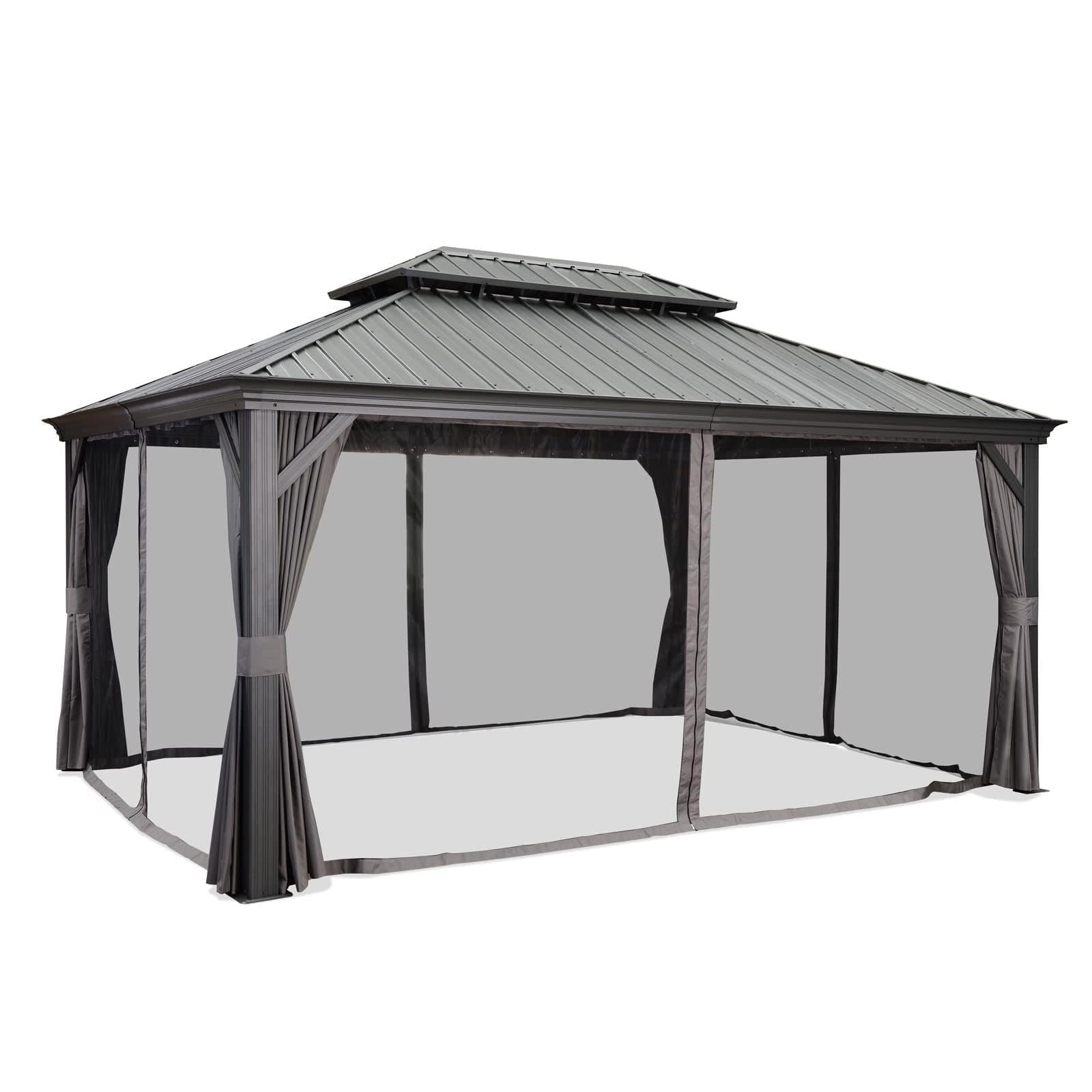 PURPLE LEAF Tonnelle de Jardin Tonnelle Aluminum avec Moustiquaire et Rideaux Pavillon de Jardin à Double Toit Acier Galvanisé, Gris - Purpleaf France