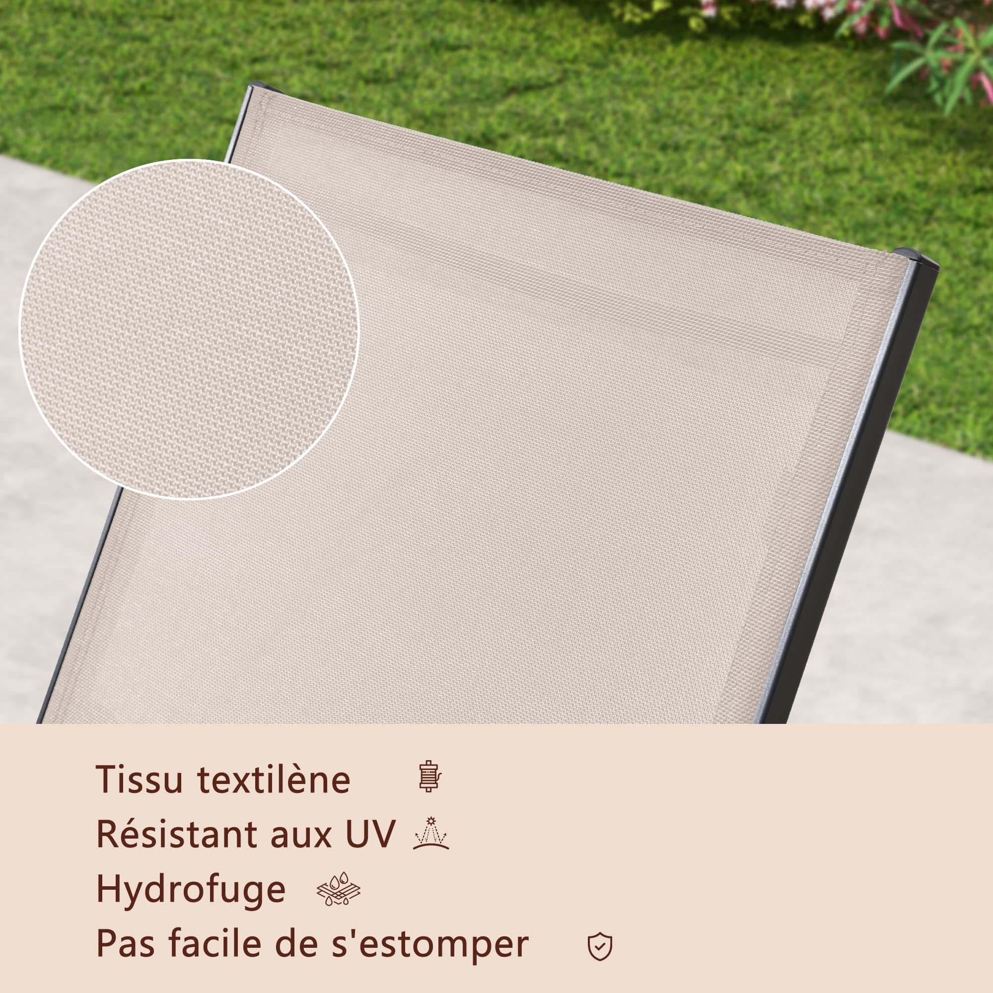 PURPLE LEAF Bain De Soleil Lot De 2 avec Table Textilène, Transat Jardin Exterieur Piscine Aluminium, Transat Piscine Anti UV, Charge Maximal 150 kg, Chaise Longue Pliable 2 roulettes, Beige - Purpleaf France