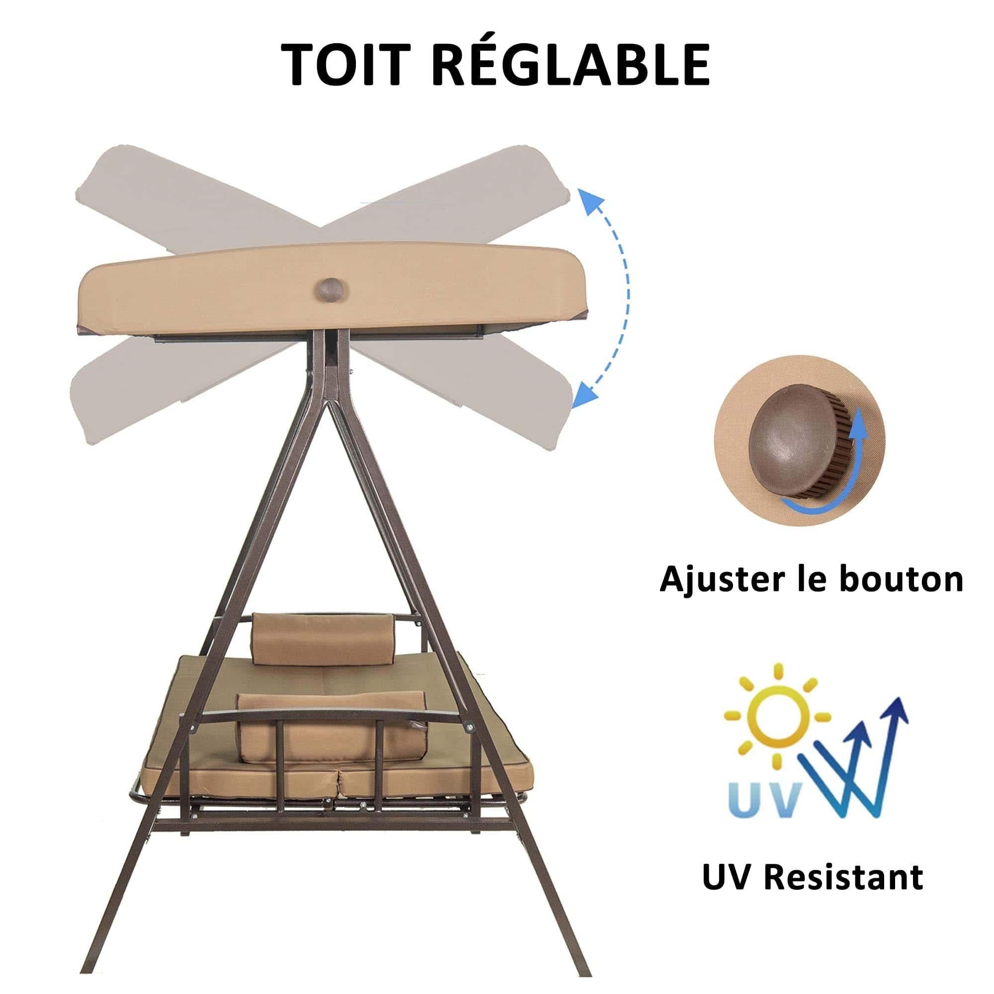 PURPLE LEAF Balancelle Lit De Jardin 3 Places Exterieur Convertible en Acier Balançoire Toit Inclinaison Réglable Balancelle Hollywood, Kaki - Purpleaf France