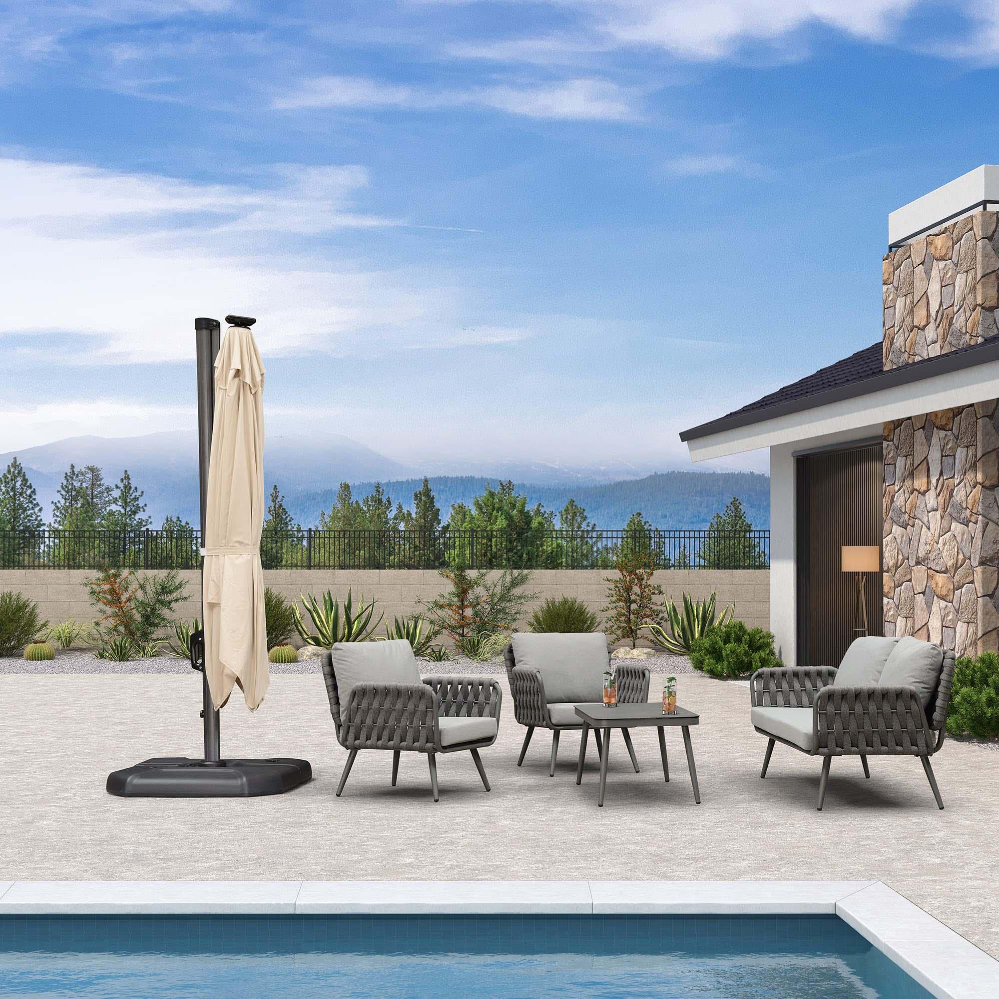 PURPLE LEAF Parasol De Jardin Exterieur Deporte LED 3x3 m, pivoter le long du mât du, Rotatif 360°, Parasol Deporte Excentré Inclinable, Parasol Suspendu Balcon Lumineux Solaire, Gris - Purpleaf France