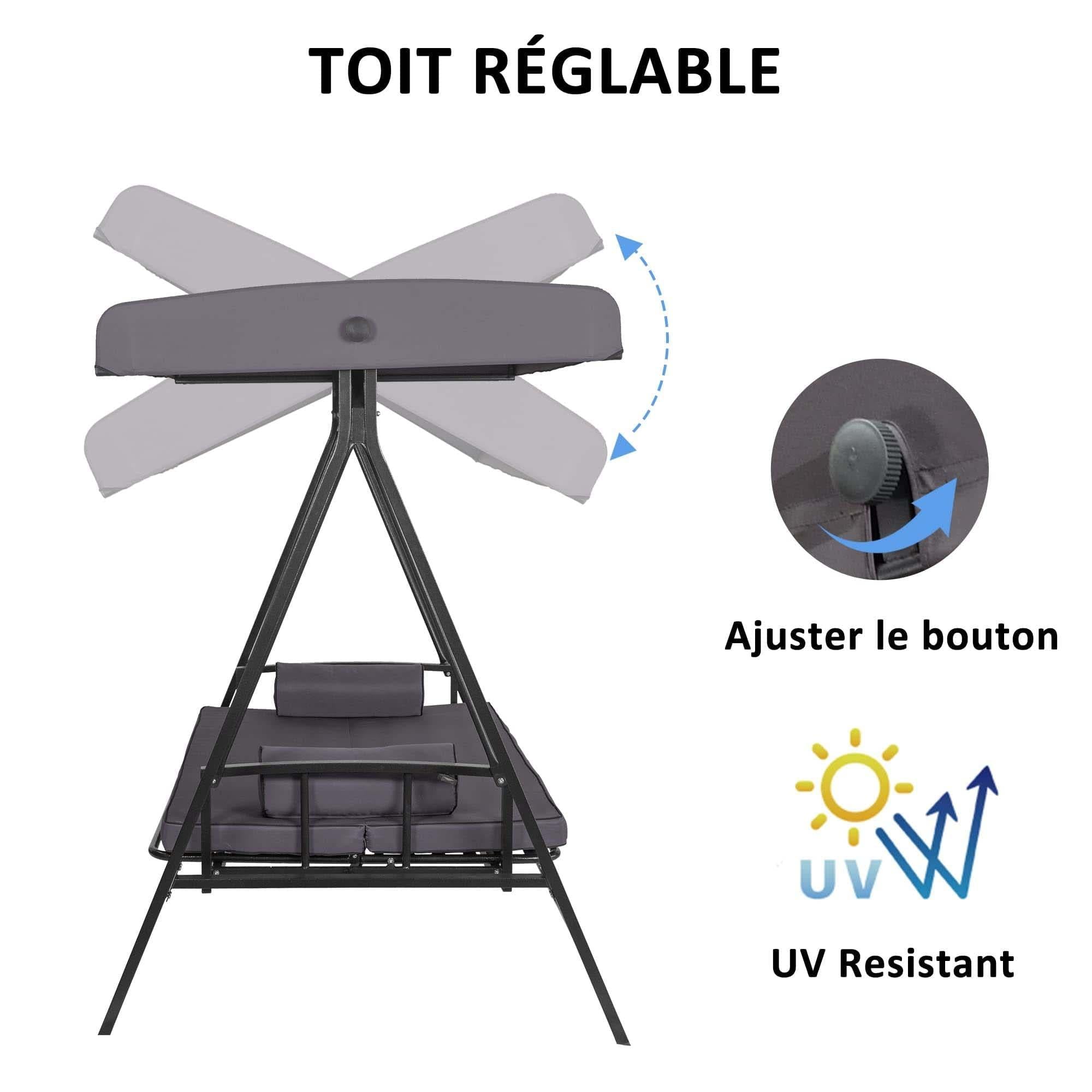 PURPLE LEAF Balancelle Lit De Jardin 3 Places Exterieur Convertible en Acier Balançoire Toit Inclinaison Réglable Balancelle Hollywood, Kaki - Purpleaf France