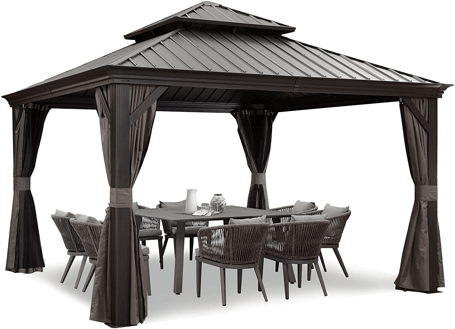 PURPLE LEAF Tonnelle de Jardin Tonnelle Aluminum avec Moustiquaire et Rideaux Pavillon de Jardin à Double Toit Acier Galvanisé, Gris - Purpleaf France