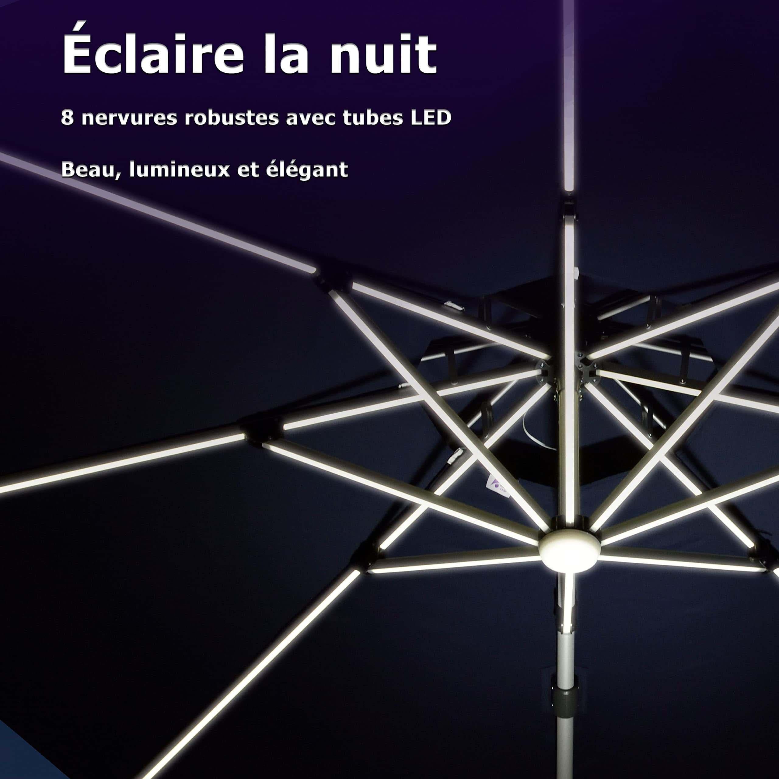 PURPLE LEAF Parasol De Jardin Exterieur 2.7 x2.7 m avec LED, Parasol Déporté Toit à Double Rotatif 360°, Parasol Excentré Inclinable, Parasol Terrasse Exterieur, Marine - Purpleaf France