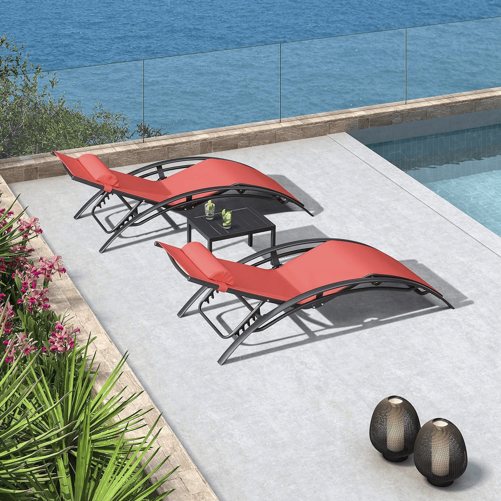 PURPLE LEAF Patio Chaise longue Ensemble de 3 Chaise longue d'extérieur Plage Piscine Bain de soleil Chaise longue inclinable, Table d'appoint incluse - Purpleaf France