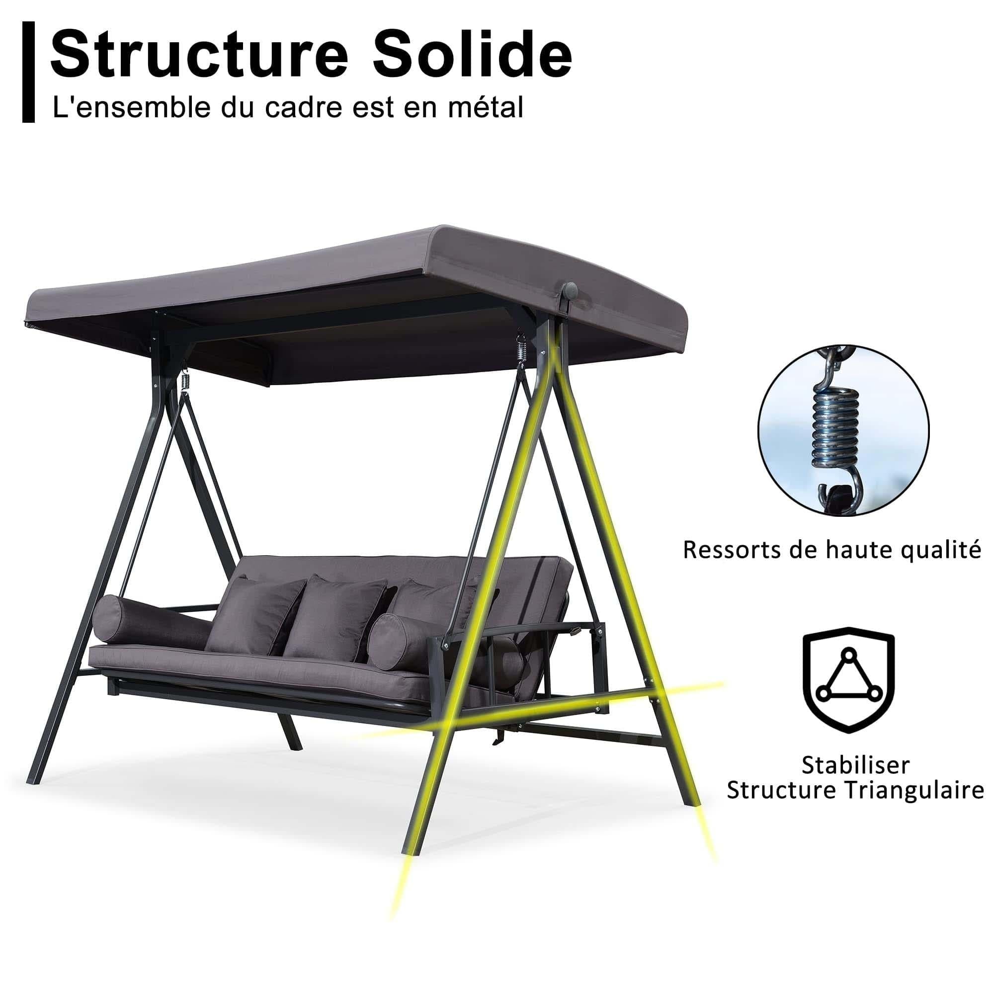 PURPLE LEAF Balancelle Lit De Jardin 3 Places Exterieur Convertible en Acier Balançoire Toit Inclinaison Réglable Balancelle Hollywood, Kaki - Purpleaf France