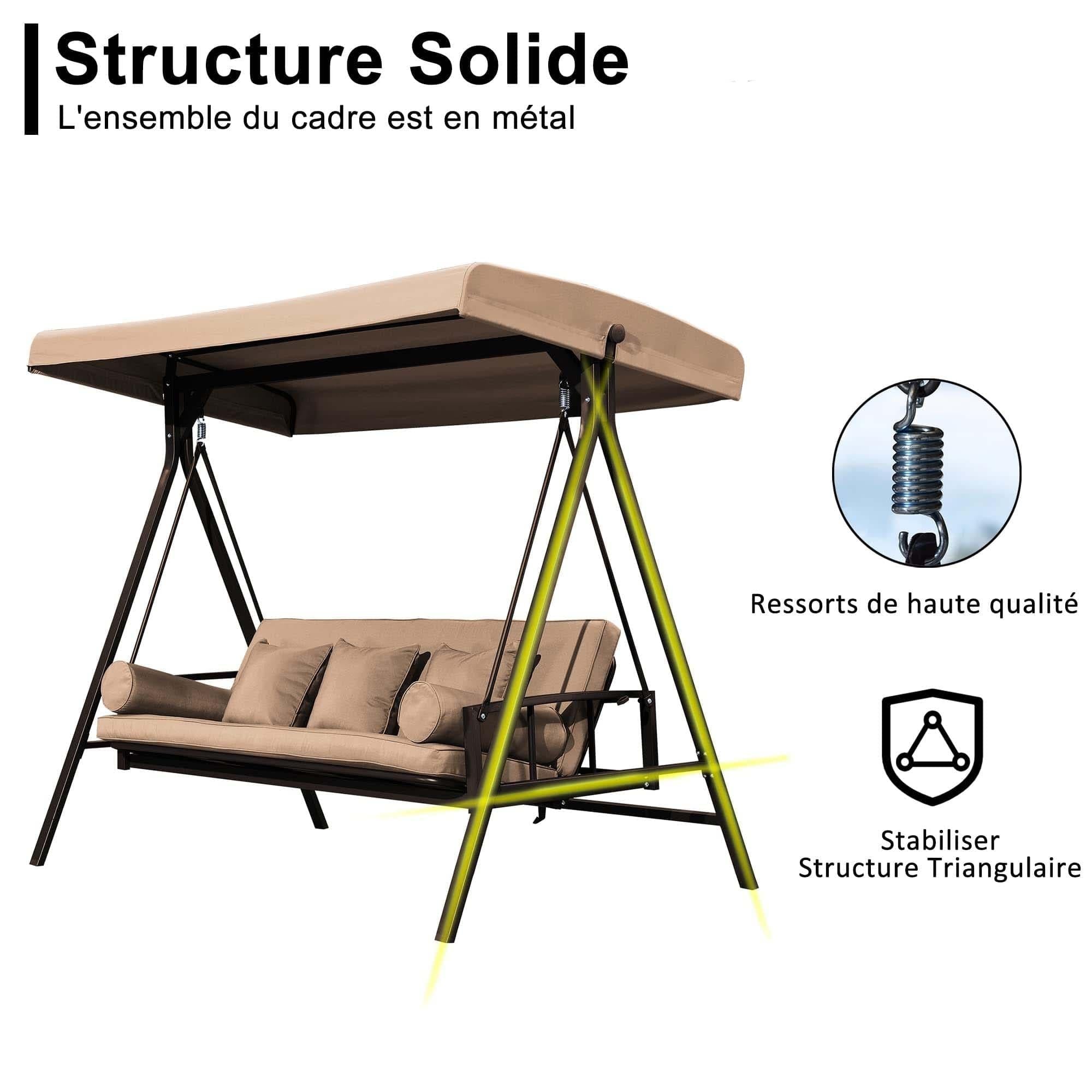 PURPLE LEAF Balancelle Lit De Jardin 3 Places Exterieur Convertible en Acier Balançoire Toit Inclinaison Réglable Balancelle Hollywood, Kaki - Purpleaf France