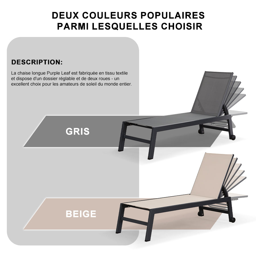 PURPLE LEAF Chaise Longue de Patio en Textilène, Piscine Avec Roulettes, Chaise de Bain de Soleil Pour L'extérieur, La Plage, La Cour, Table D'appoint Incluse