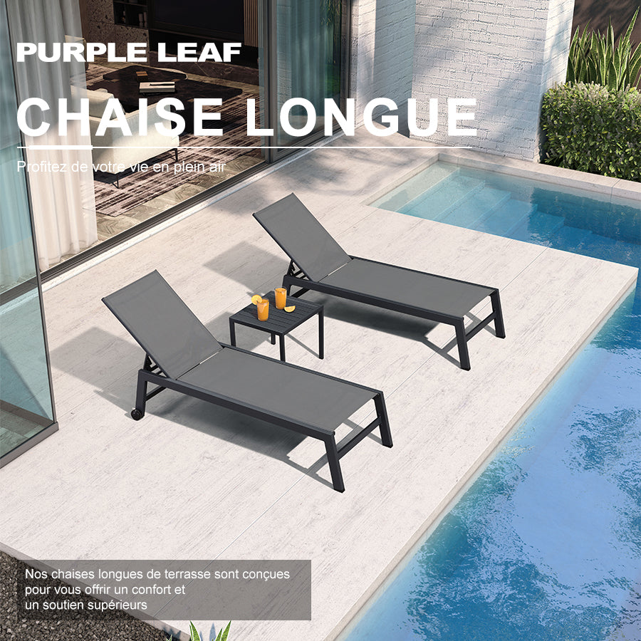 PURPLE LEAF Chaise Longue de Patio en Textilène, Piscine Avec Roulettes, Chaise de Bain de Soleil Pour L'extérieur, La Plage, La Cour, Table D'appoint Incluse