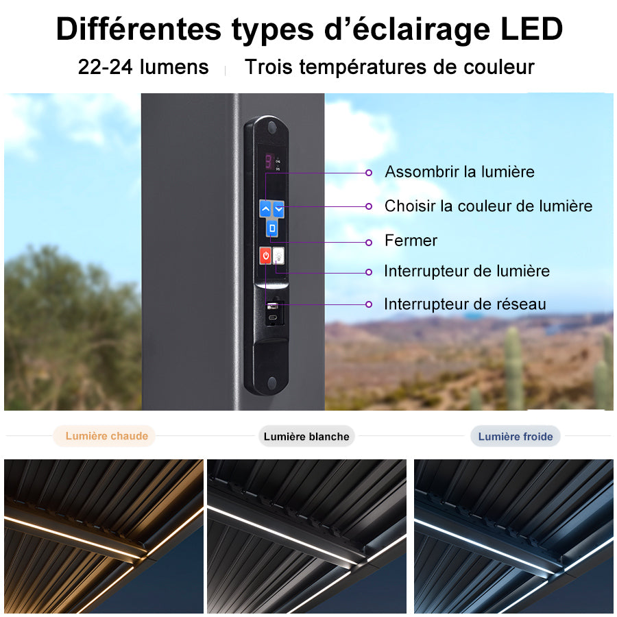PURPLE LEAF Pergola Bioclimatique Toit à Lames avec Bande Lumineuse LED pour Terrasse Jardin, Gris