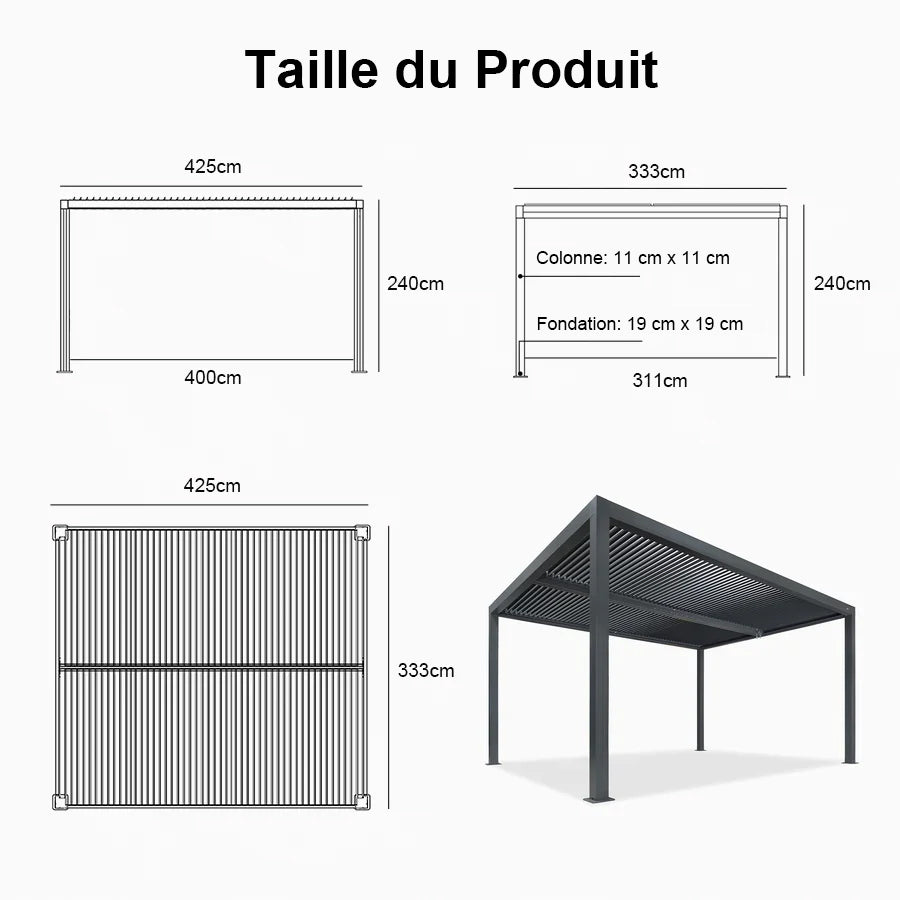PURPLE LEAF Pergola Bioclimatique Pergola Aluminium Lames Orientables Tonnelle de Jardin Imperméable pour Terrasse Extérieur Carport, Gris