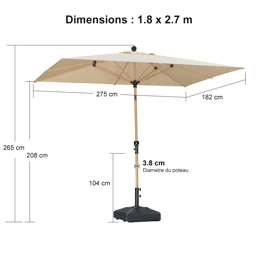 PURPLE LEAF Parasol Droit Inclinable de Marché d'Extérieur en Aluminium avec Effet Bois Pour Table de Jardin Carré Rectangle Rond
