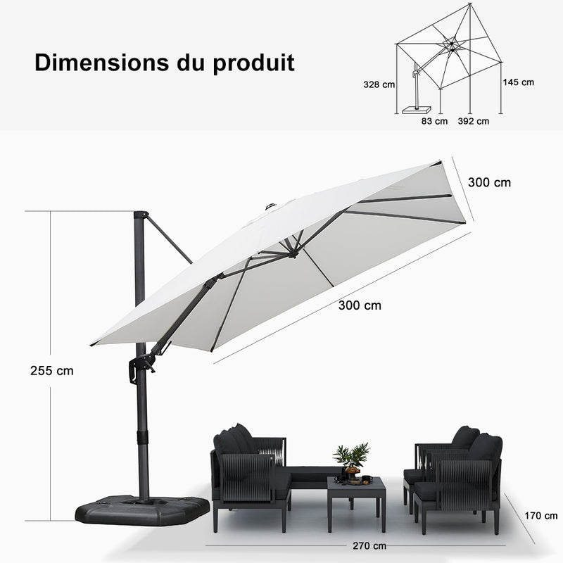 PURPLE LEAF Parasol Déporté Inclinable Gauche Droite Carré, Parasol De Jardin Extérieur avec 5 Positions réglables et Rotation à 360°, Toile Protection UV