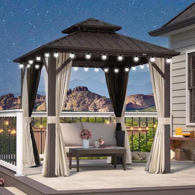 Purple Leaf Tonnelle de jardin Rigide Economique  Bronze Toit Double en Acier Pergola Aluminum Avec Moustiquaire Rideaux Guirlandes Lumineuses Lait