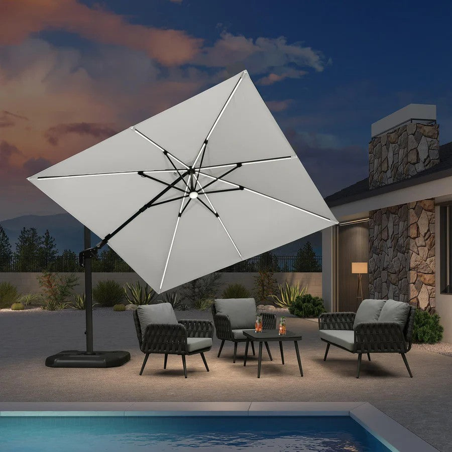 PURPLE LEAF Parasol Déporté avec LED Solaire 3 x 3 m Carré, Parasol De Jardin Extérieur Inclinable Toile Protection UV