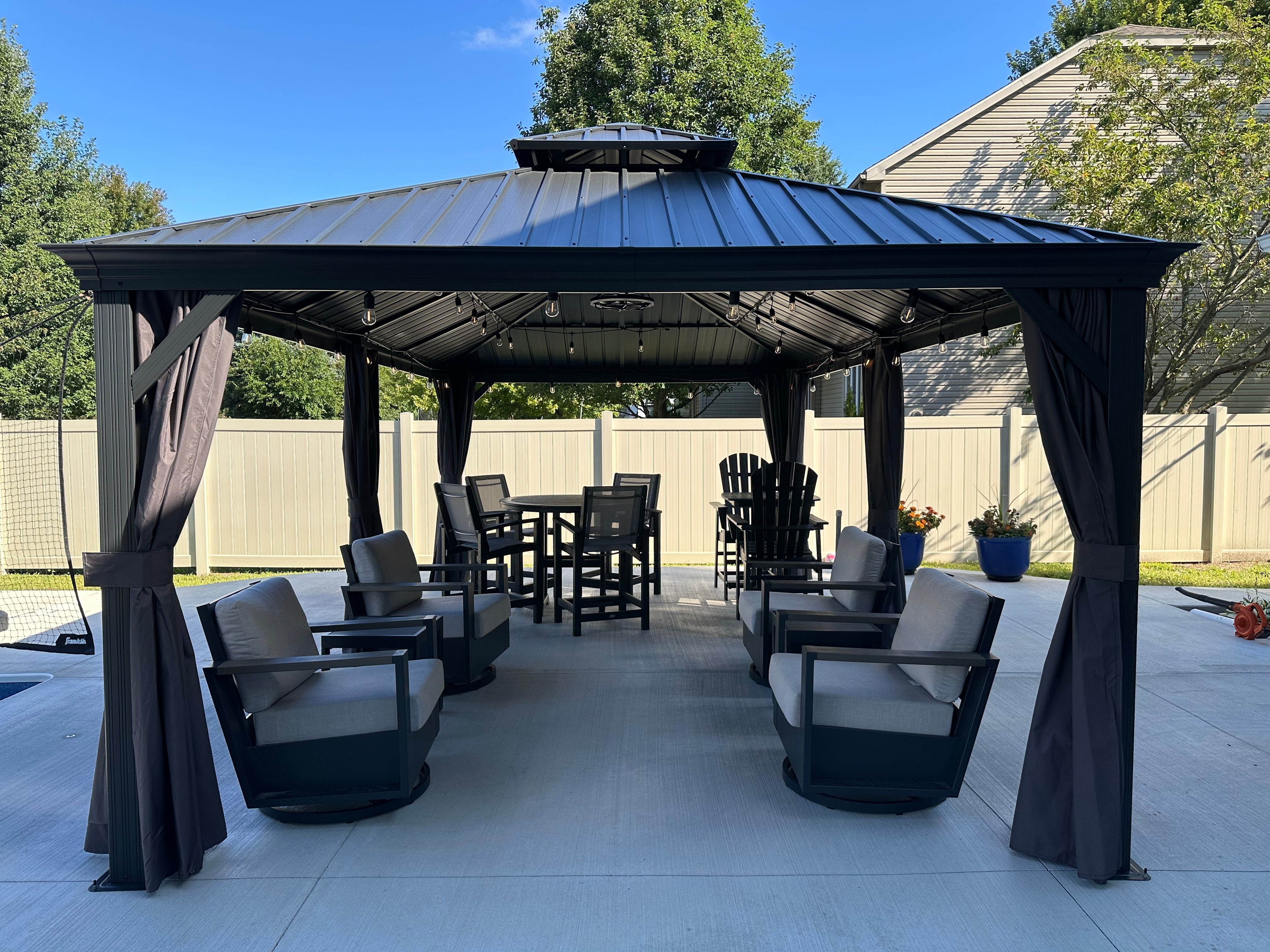 PURPLE LEAF Tonnelle De Jardin Exterieur Tonnelle Aluminum Avec Moustiquaire Et Rideaux Pavillon De Jardin à Double Toit Acier Galvanisé, Gris
