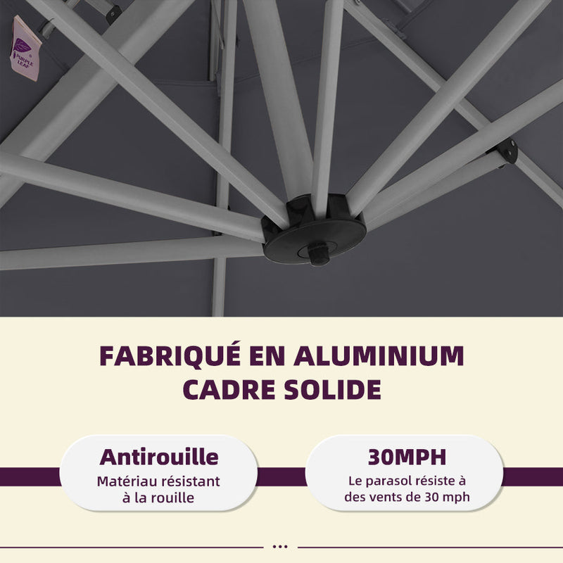 PURPLE LEAF Parasol de jardin extérieur rond avec LED, avec manivelle, inclinable, avec socle