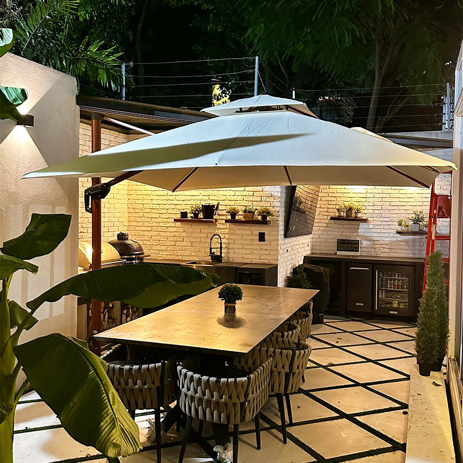 PURPLE LEAF Parasol Déporté Carré Grain de Bois en Aluminium avec socle