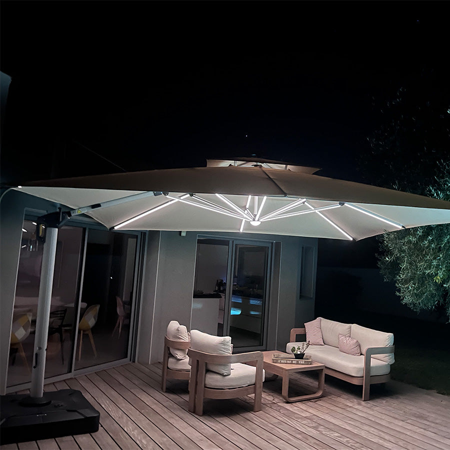 PURPLE LEAF Parasol Déporté avec LED Solaire de Jardin à Double Toit Carré avec socle