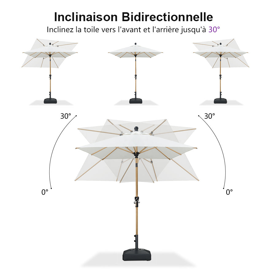 PURPLE LEAF Parasol Droit Inclinable de Marché d'Extérieur en Aluminium avec Effet Bois Pour Table de Jardin Carré Rectangle Rond