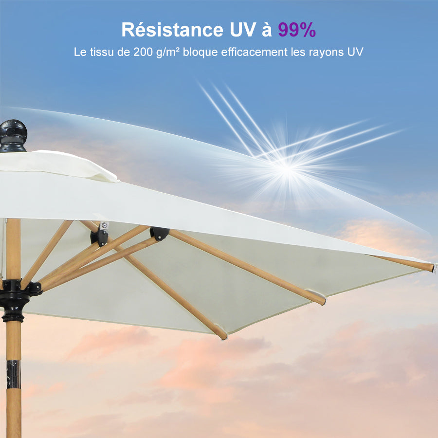PURPLE LEAF Parasol Droit Inclinable de Marché d'Extérieur en Aluminium avec Effet Bois Pour Table de Jardin Carré Rectangle Rond