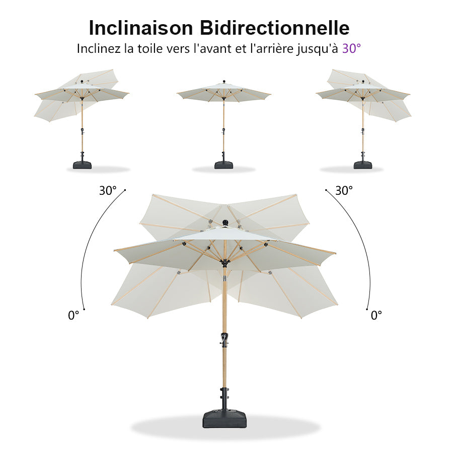 PURPLE LEAF Parasol Droit Inclinable de Marché d'Extérieur en Aluminium avec Effet Bois Pour Table de Jardin Carré Rectangle Rond