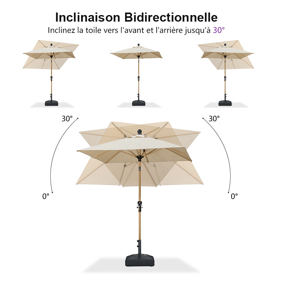 PURPLE LEAF Parasol Droit Inclinable de Marché d'Extérieur en Aluminium avec Effet Bois Pour Table de Jardin Carré Rectangle Rond