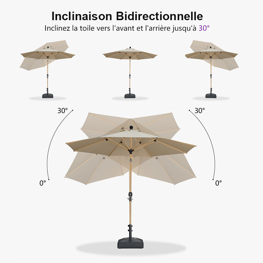 PURPLE LEAF Parasol Droit Inclinable de Marché d'Extérieur en Aluminium avec Effet Bois Pour Table de Jardin Carré Rectangle Rond