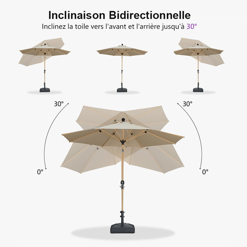 PURPLE LEAF Parasol Droit Inclinable de Marché d'Extérieur en Aluminium avec Effet Bois Pour Table de Jardin Carré Rectangle Rond