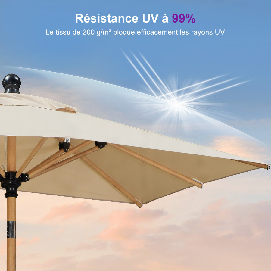 PURPLE LEAF Parasol Droit Inclinable de Marché d'Extérieur en Aluminium avec Effet Bois Pour Table de Jardin Carré Rectangle Rond