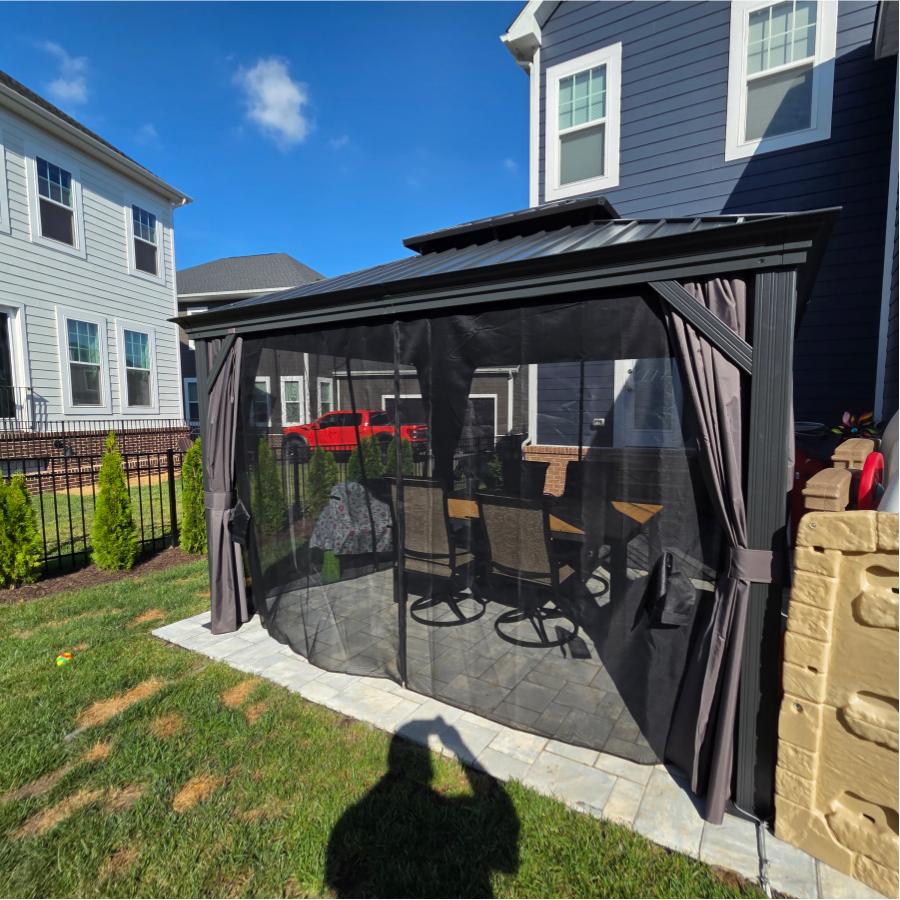 PURPLE LEAF Tonnelle de Jardin 3x4m Toit Rigide Double Gris Anthracite - Pavillon de Terrasse avec Rideaux & Moustiquaire, Anti-Vent & Pluie, Aluminium