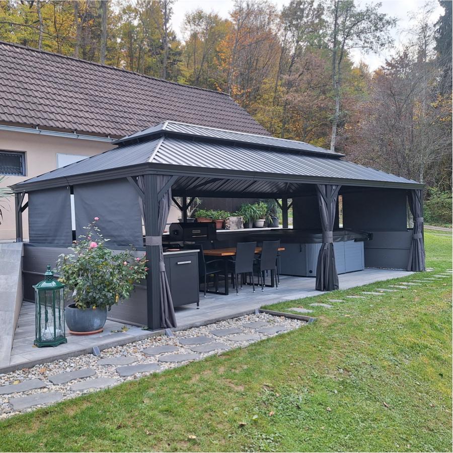 PURPLE LEAF Tonnelle de Jardin Gamme Luxe avec Éclairage LED Intégré - Abat-Jour Blanc Opalin Anti-Éblouissement, Pavillon Gris