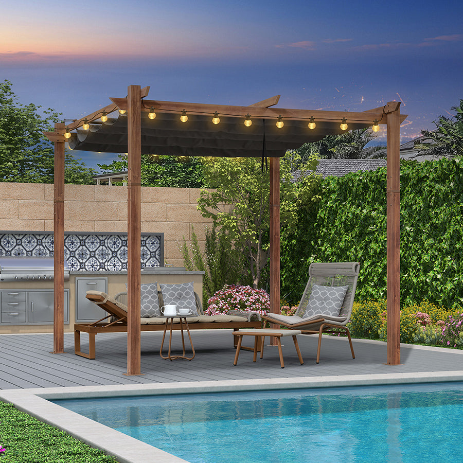 PURPLE LEAF Pergola Rétractable Extérieure Effet Bois en Métal avec Auvent Pare-Soleil pour Jardin Patio Porche Pavillon Avec Guirlandes Lumineuses Transparentes