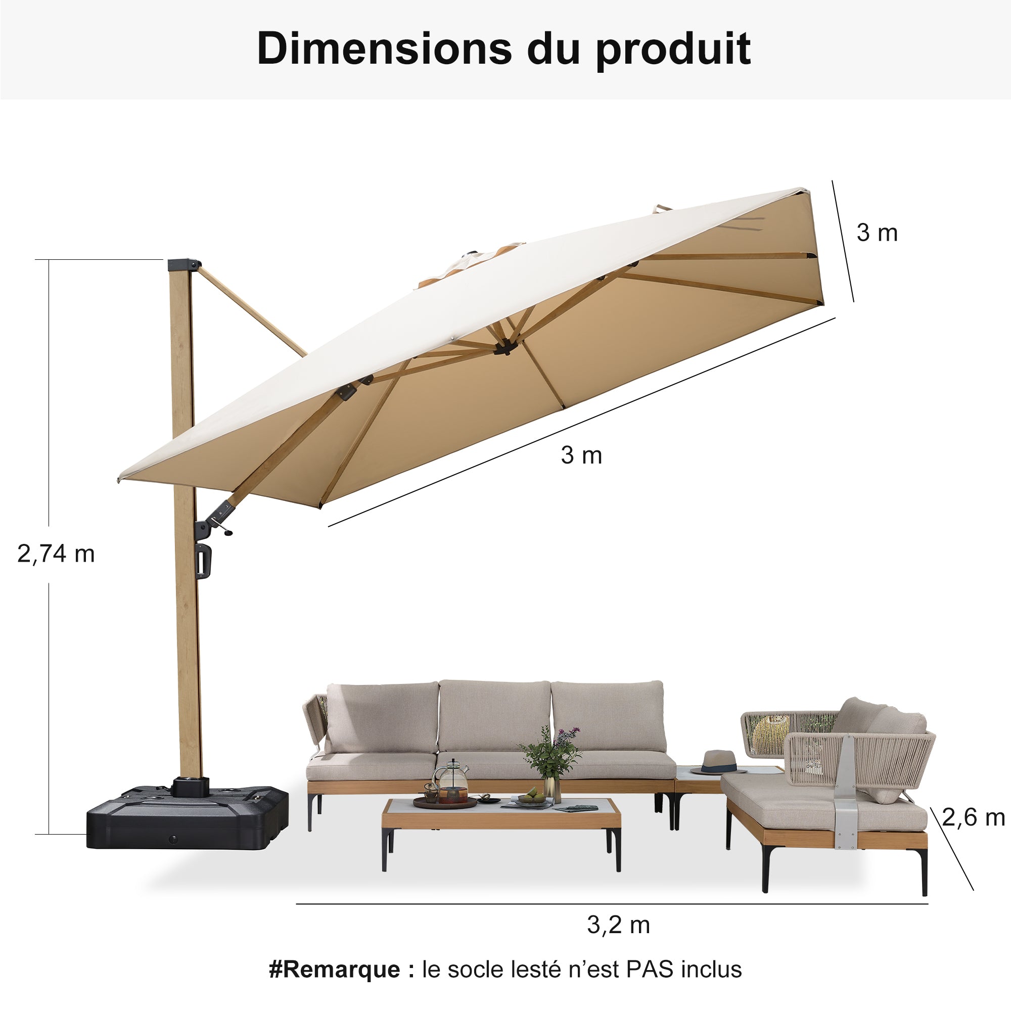 PURPLE LEAF Parasol Déporté Mégagrand à Motif Bois à Manivelle avec Mât Ultra-Renforcé Parasol d'Extérieur de Jardin Carré Rectangle