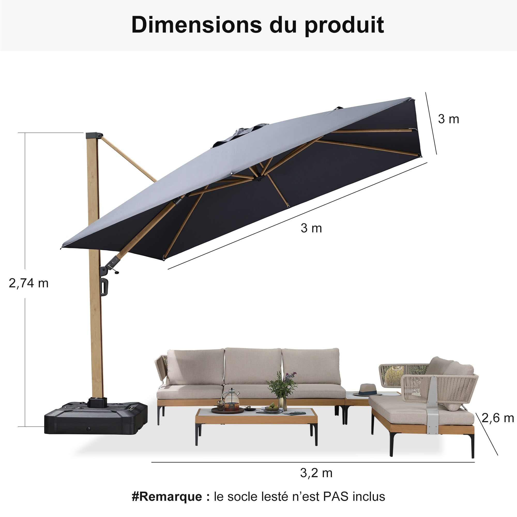 PURPLE LEAF Parasol Déporté Mégagrand à Motif Bois à Manivelle avec Mât Ultra-Renforcé Parasol d'Extérieur de Jardin Carré Rectangle