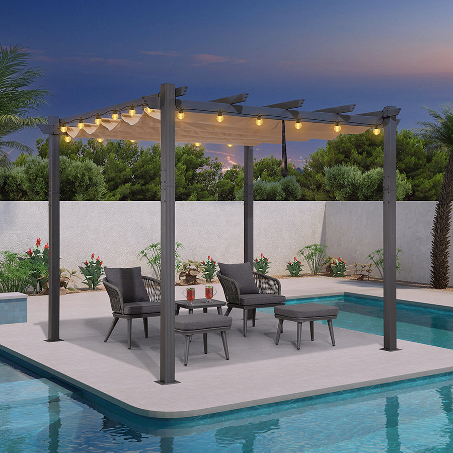 PURPLE LEAF Pergola Aluminium Tissu Teint en Fil avec Guirlande Lumineuse à Ampoules Transparentes Pergola pour Terrasse Exterieur Toit Coulissante Pavillon De Jardin